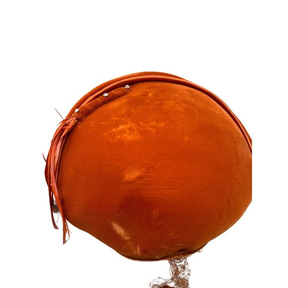 Vintage Orange Velvet Cocktail Hat Feather Trim Veil 1950s 1960s Fascinator - Picture 4 of 8